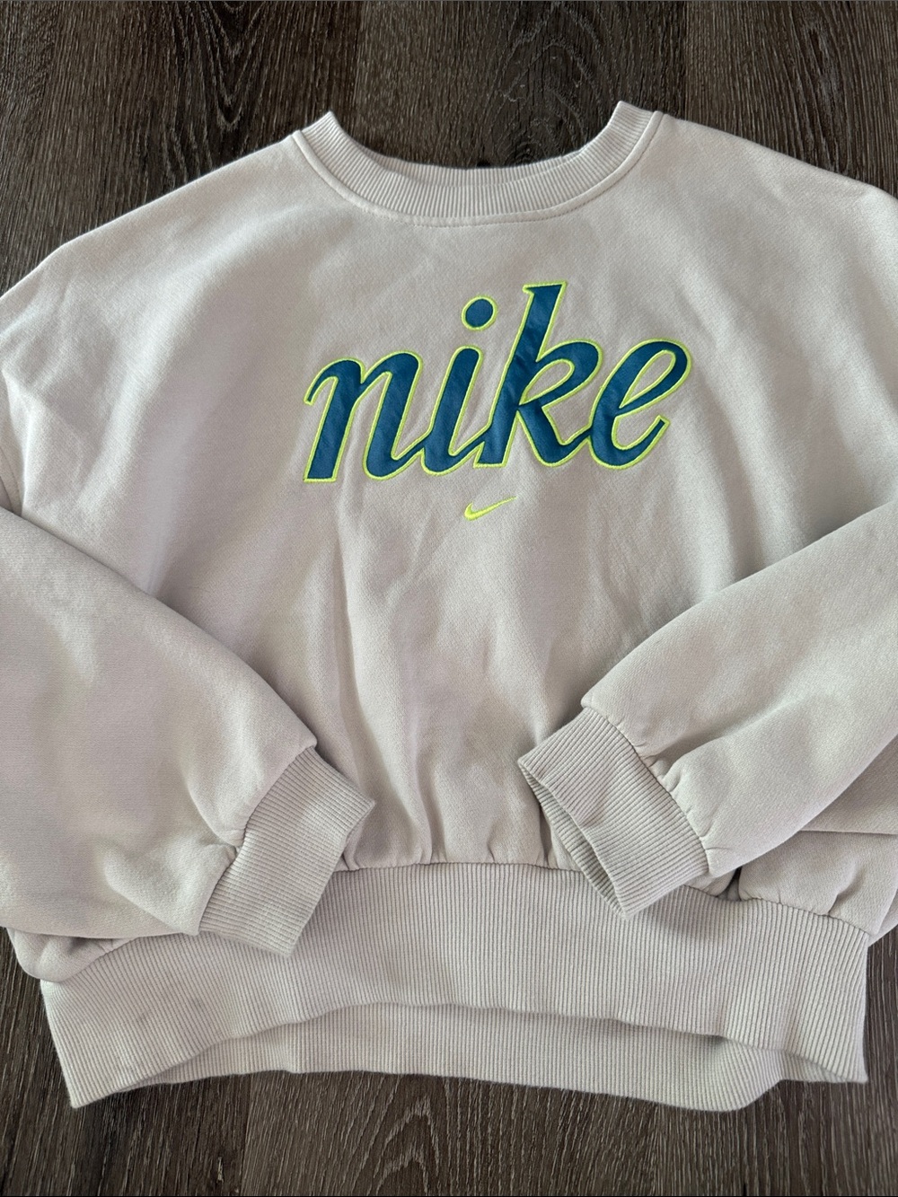 Nike Women's Cream Crew Sweatshirt with Blue and Neon Green Logo